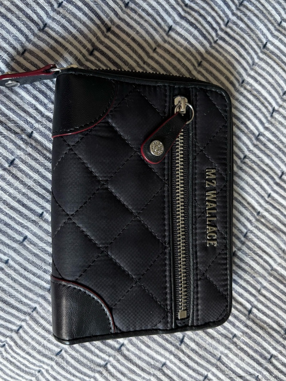 MZ Wallace Black Quilted Zip-Around Wallet with Red Trim